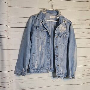 Young‎ Hearts Run Free Women's Distressed Light Wash Denim Jean Jacket